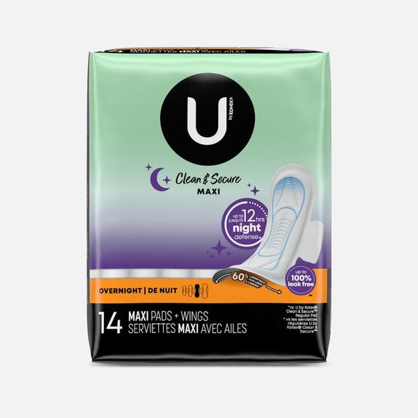 U by Kotex Clean & Secure Maxi Pads - With Wings / Overnight / 14 ct