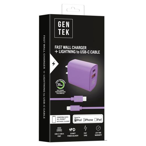 Gentek 2 Port Fast Wall Charger with USB-C to Lightning Cable
