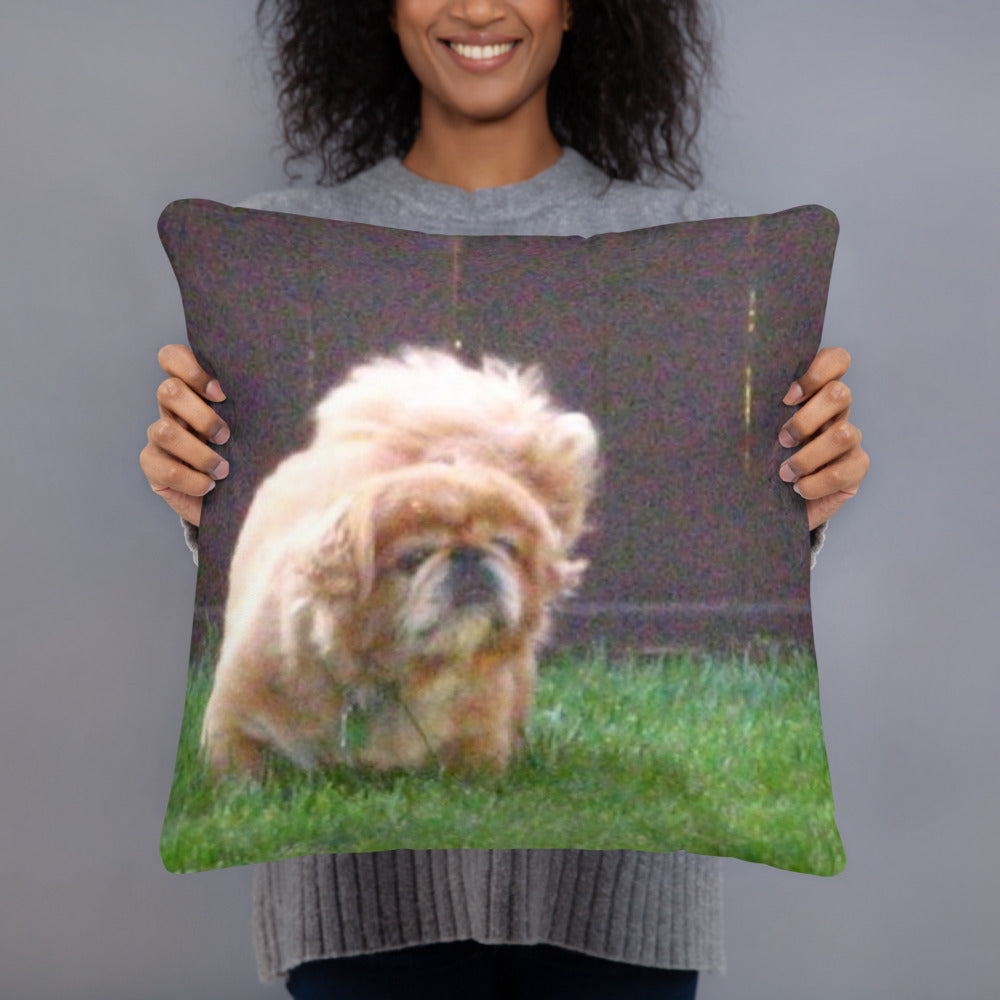 Photo Pillow shown with a dog photo printed on it