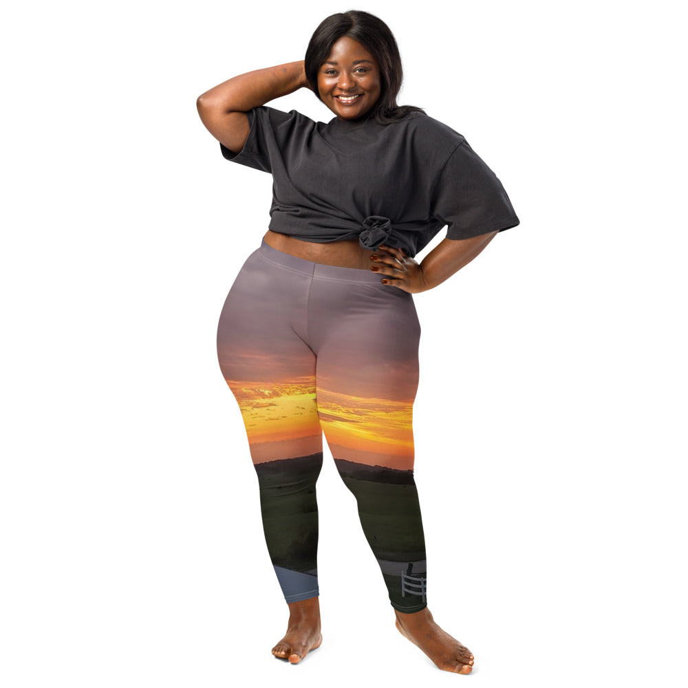 Photo Leggings worn with an Iowa sunset photo printed on it