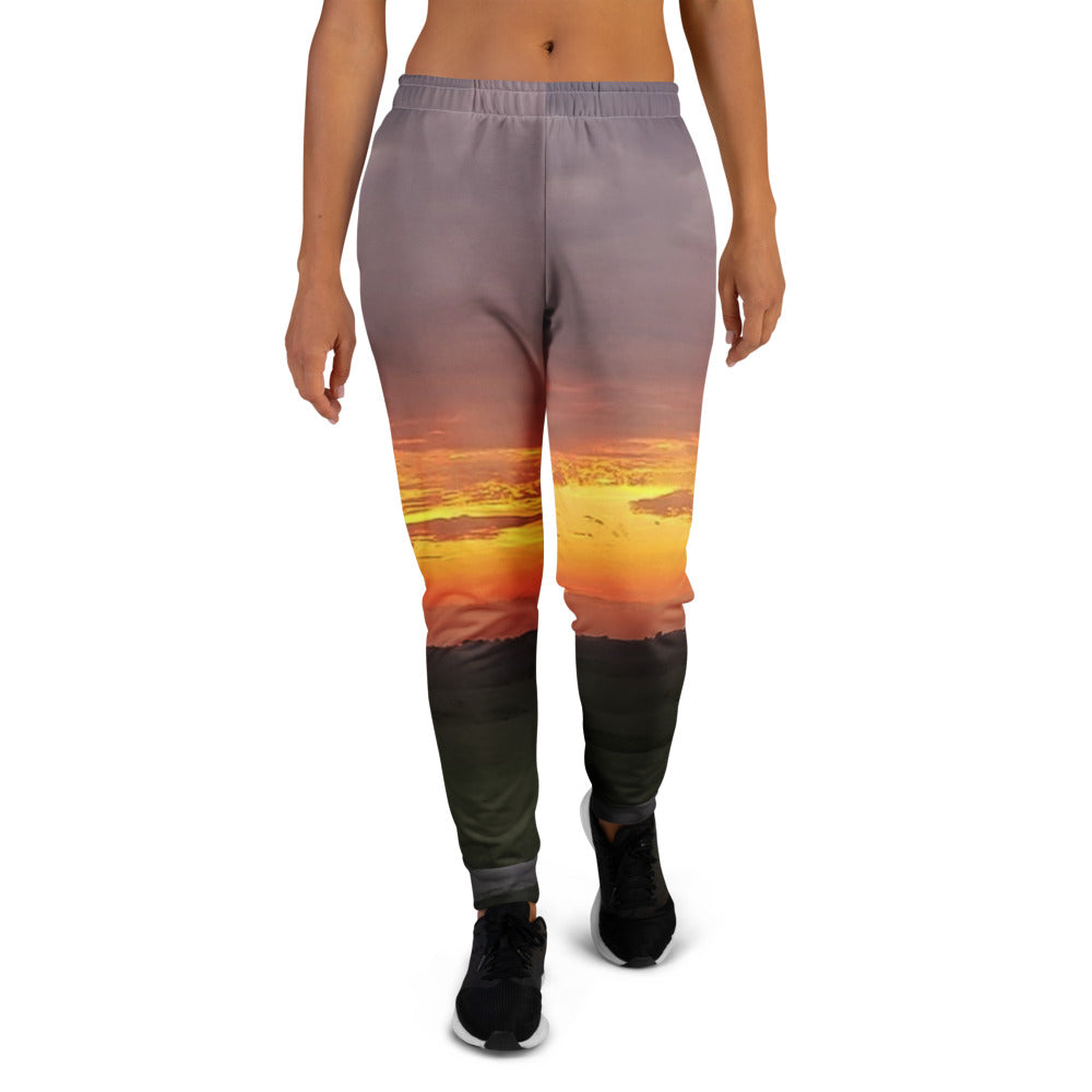 Photo Women's Joggers shown with an Iowa sunset photo printed on it