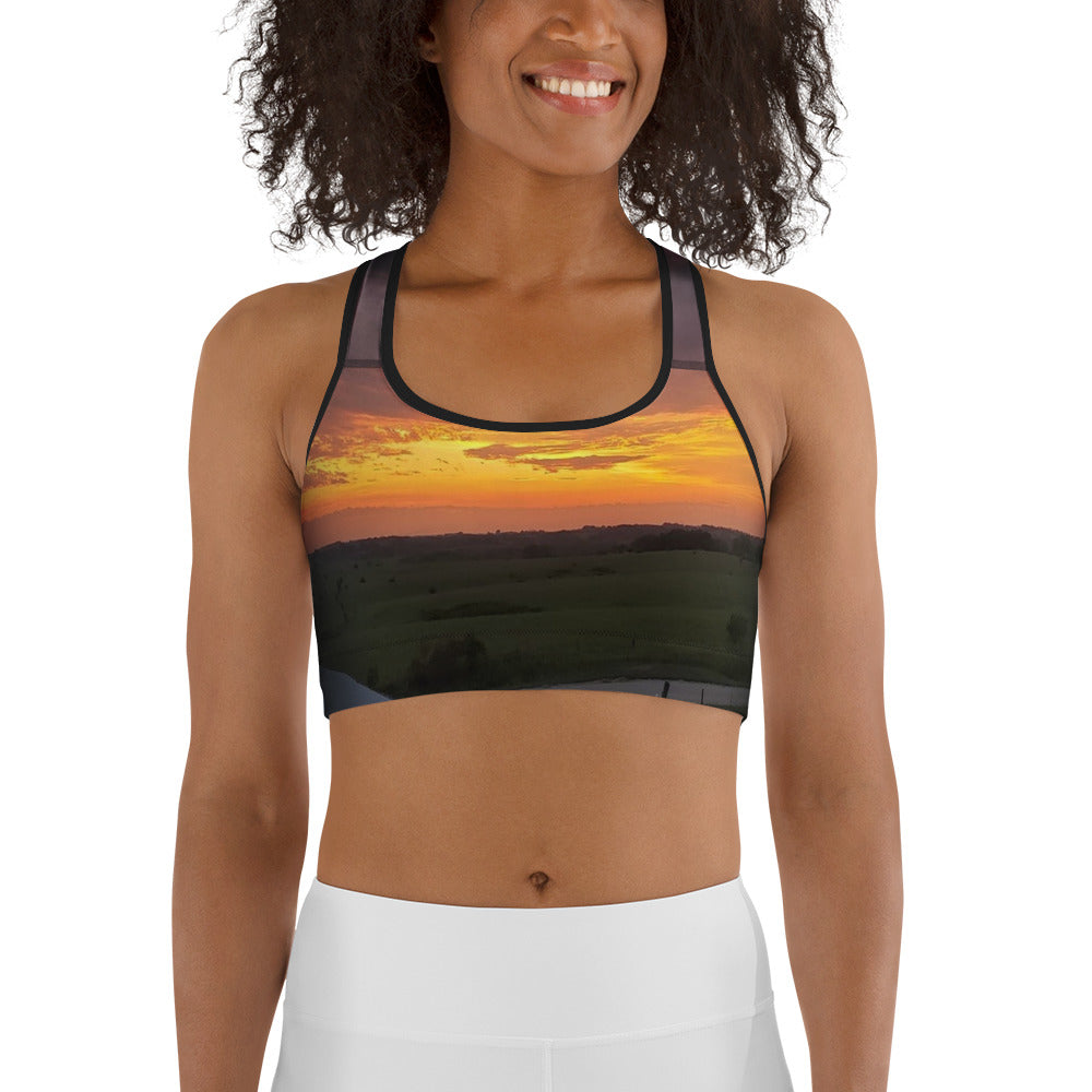 Photo Sports Bra worn with an Iowa sunset photo printed on it