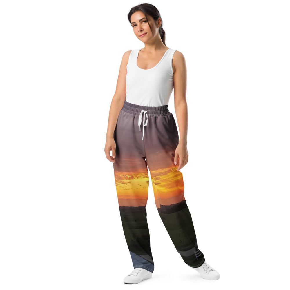 Photo Wide-Leg Joggers worn with an Iowa sunset photo printed on it