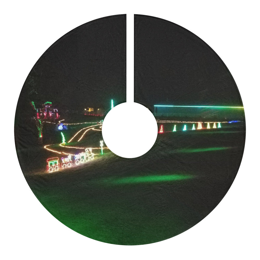 Christmas Tree Skirt shown with a photo of a Christmas light display printed on it