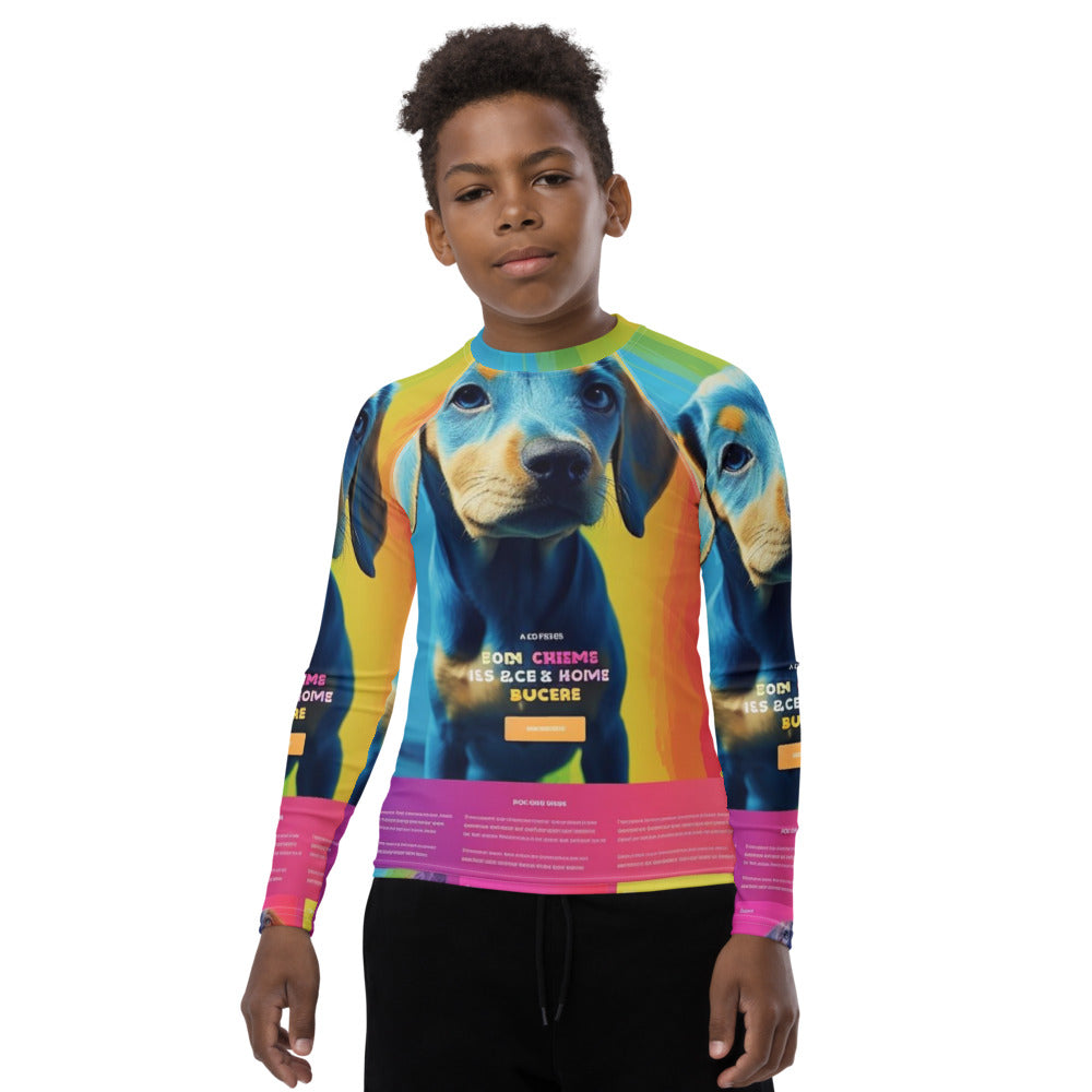 Front of a youth rash guard with a customer photo printed all over it