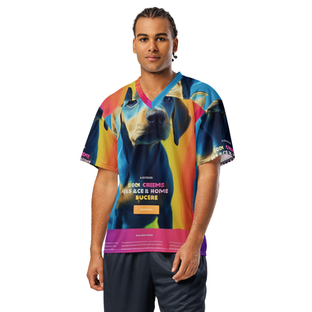 Front of a custom football jersey printed all over with a customer photo