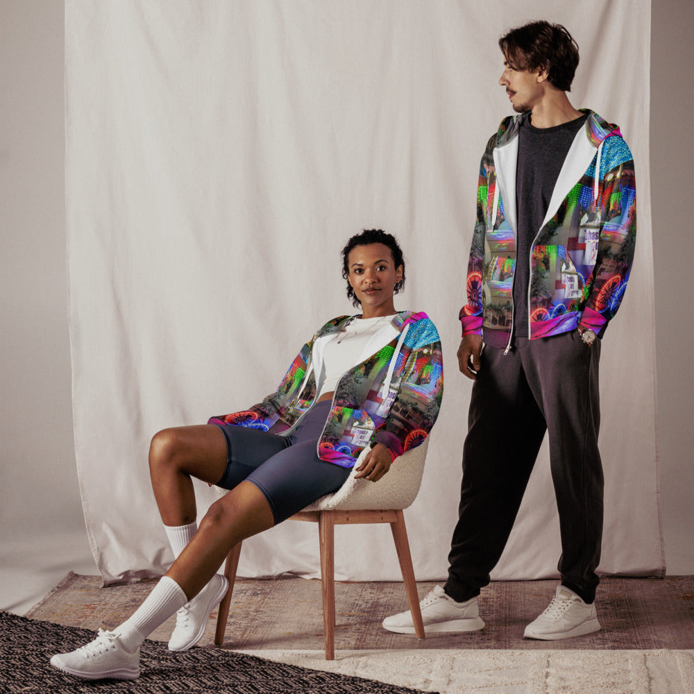 Front of an all-over print zip hoodie with a customer photo printed on it