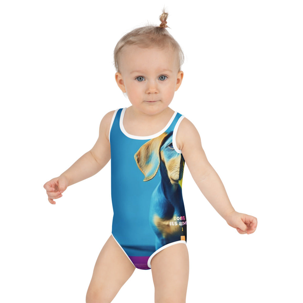 Girls' one-piece swimsuit printed all over with a customer's family photo