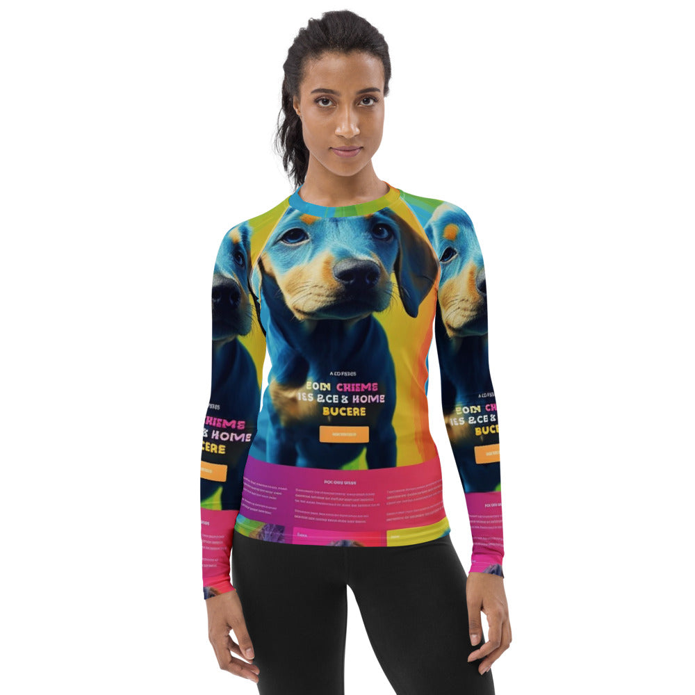 Front of a women's long-sleeve rash guard printed all over with a customer photo