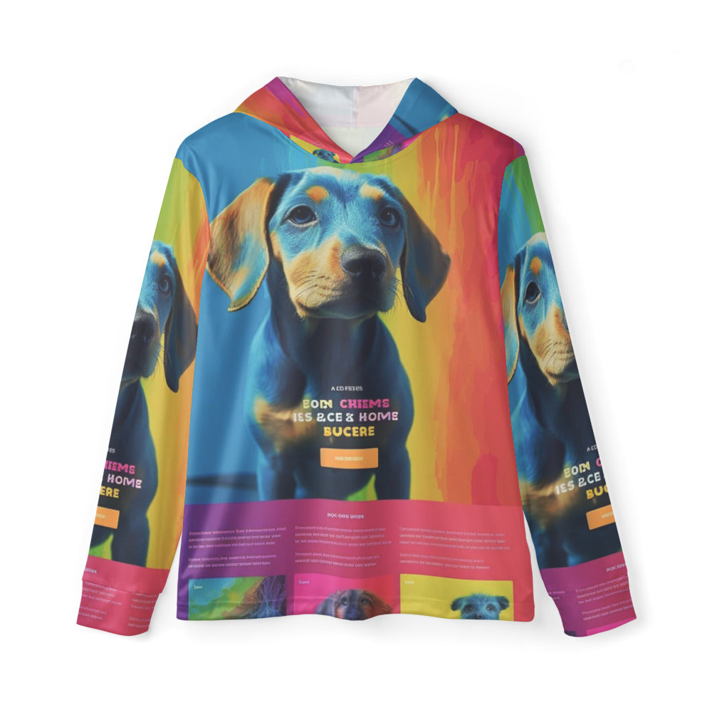 Front of a men's sports warmup hoodie printed all over with a customer photo