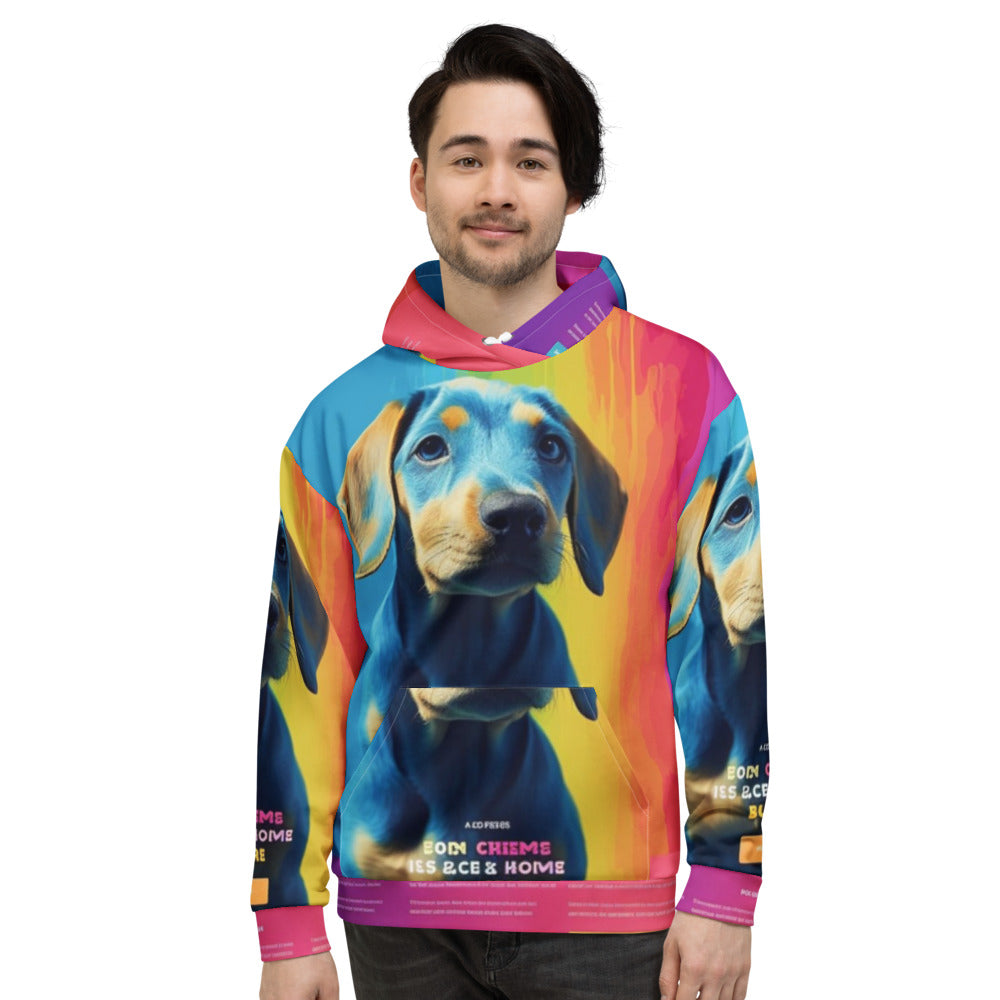 Front of a unisex hoodie printed all over with a customer photo