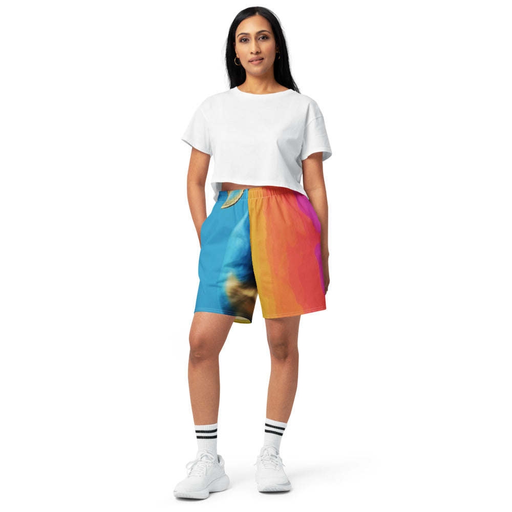 Front view of custom long cotton shorts printed all over with a customer photo