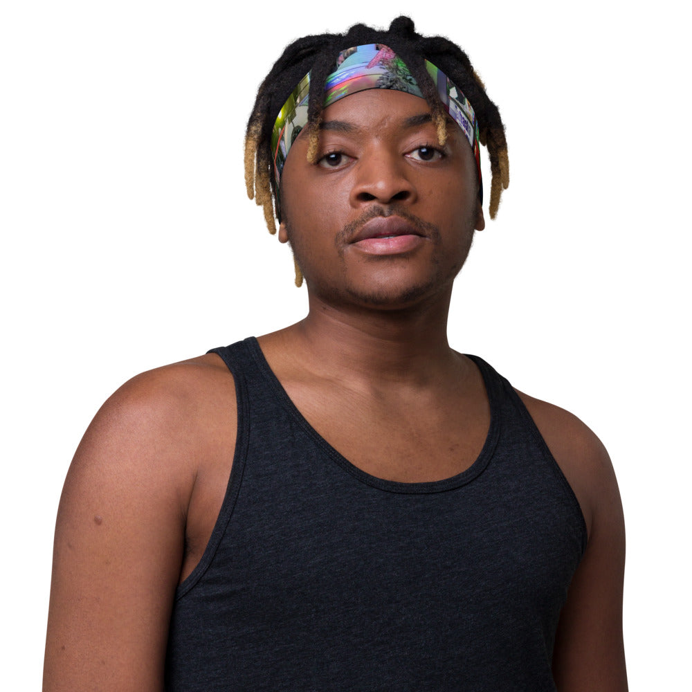 Stretchy headband with a customer photo printed all over it