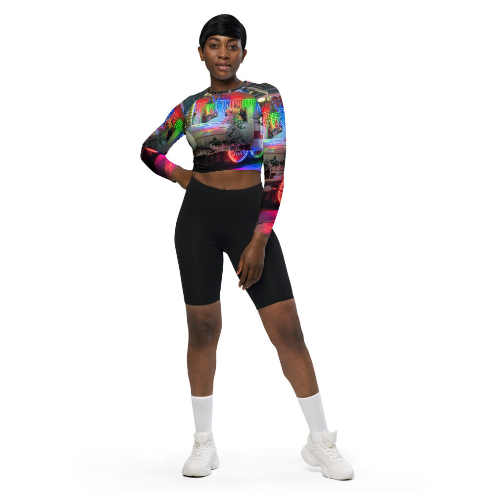 Front of a long sleeve crop top printed all over with a customer photo