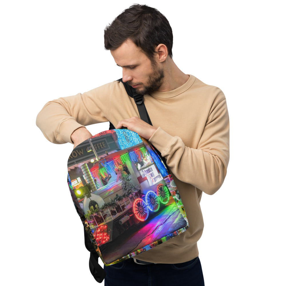 Minimalist backpack with a customer photo printed across the front panel