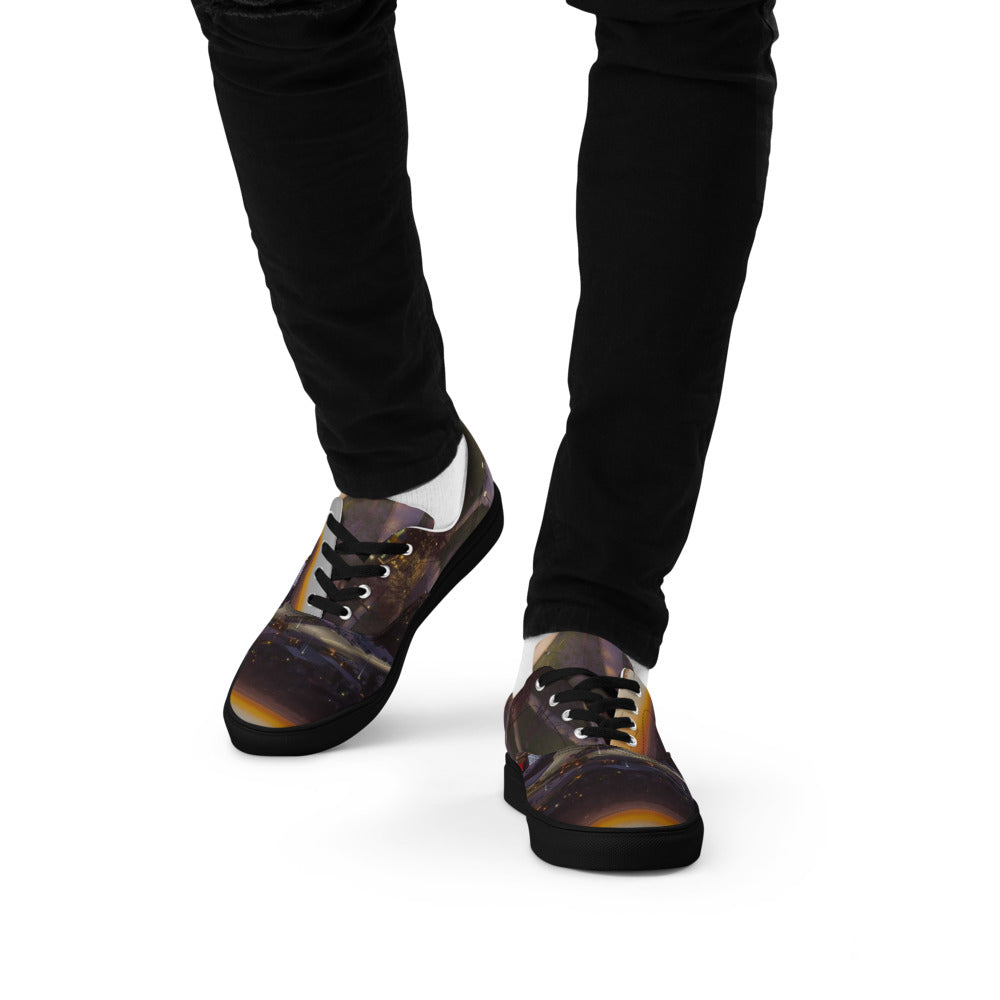 Men's lace-up canvas shoe with a customer photo printed on the side and tongue, black sole and laces