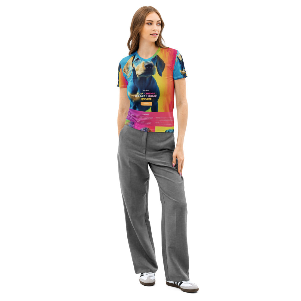 Women's crew neck t-shirt printed all over with a customer photo, front view