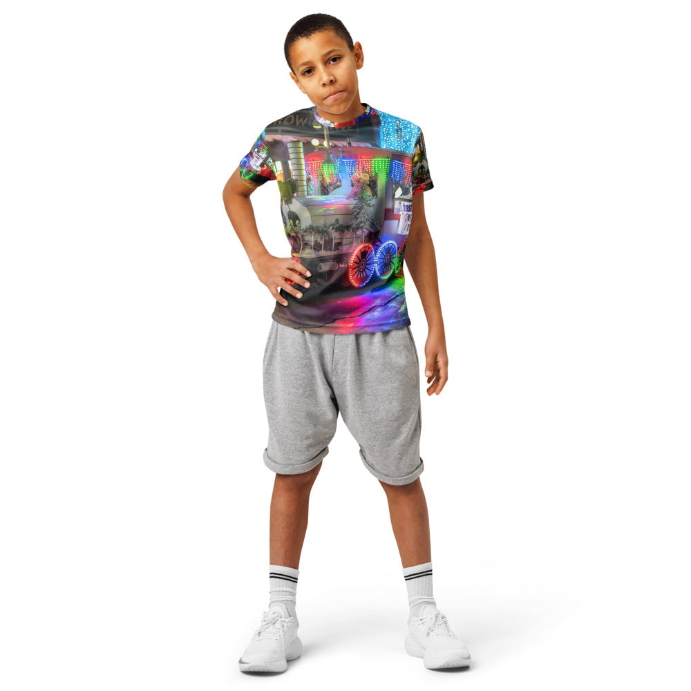 Kids sports jersey printed all over with a customer photo, front view