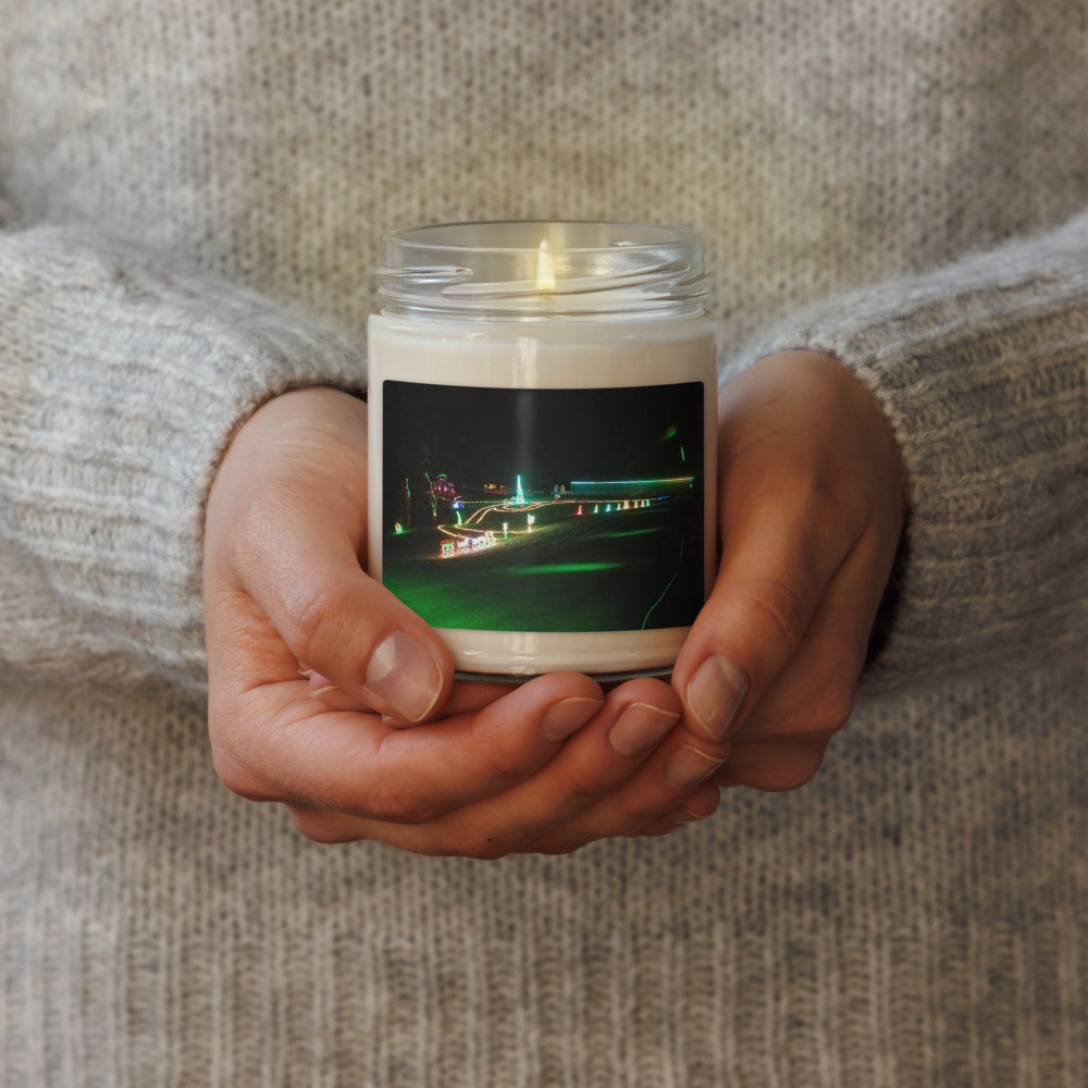 Soy Candle, 9oz shown with a photo of a Christmas light display printed on it