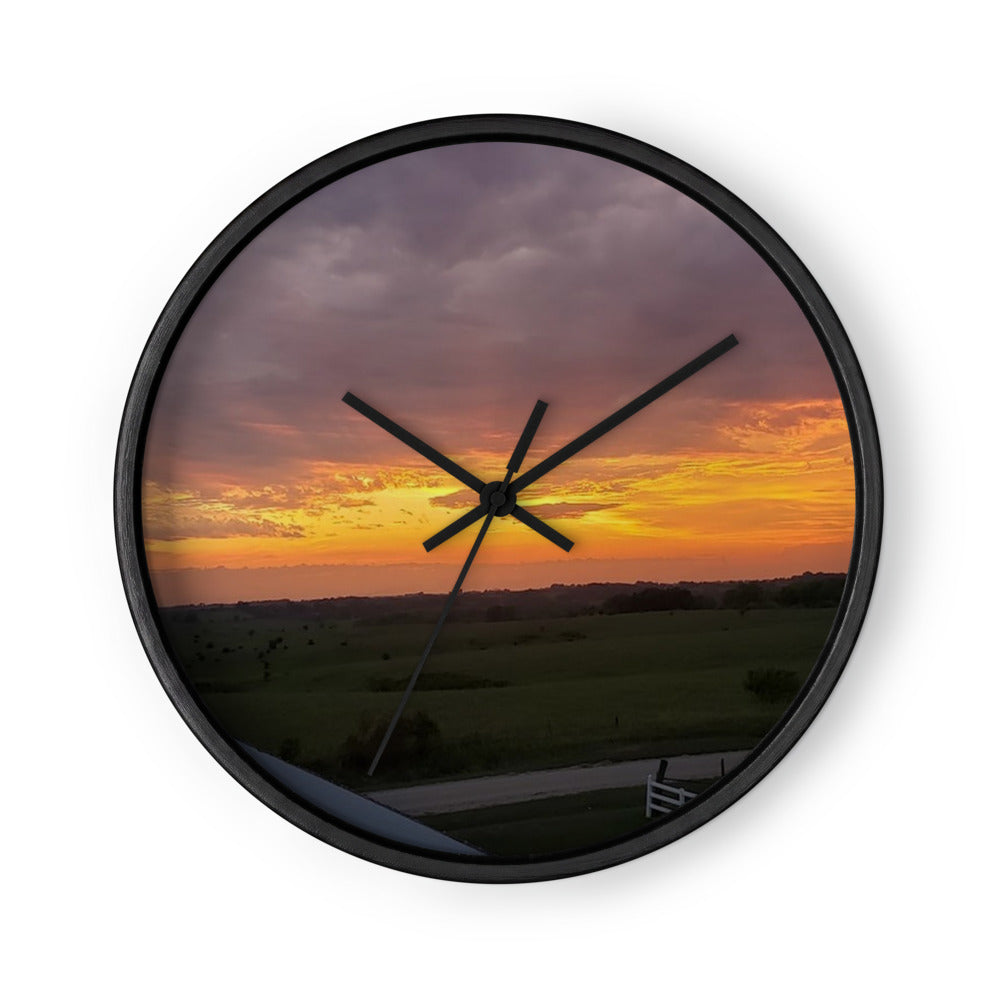Wall Clock shown with an Iowa sunset photo printed on it