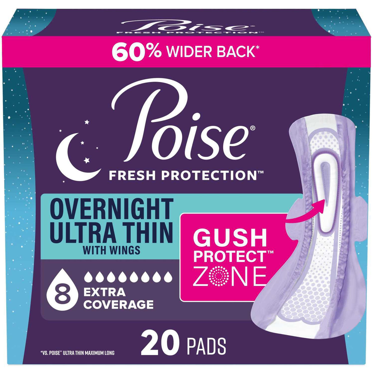 Poise Overnight Ultra Thin Pads with Wings