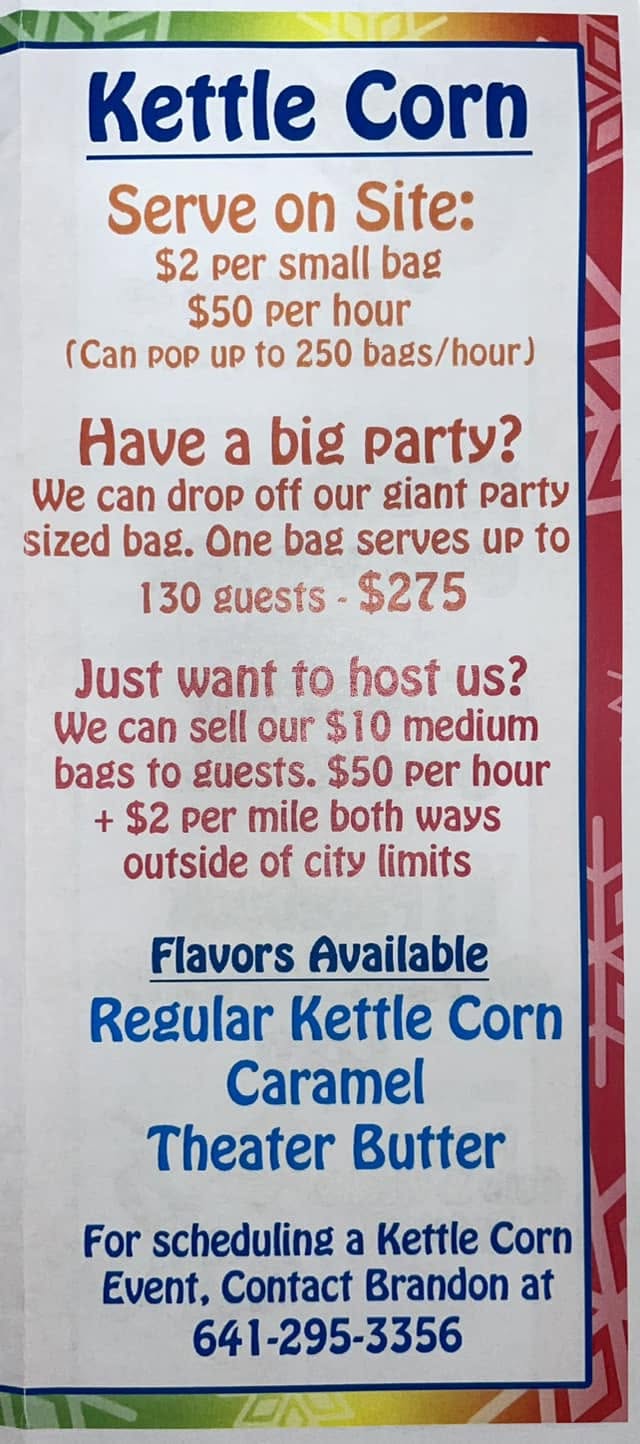Kettle corn price and booking board listing regular, caramel and theater butter