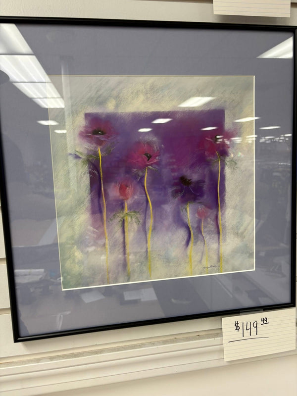 Purple floral watercolor framed in slim black under glass