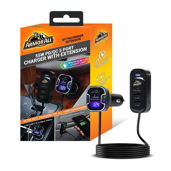 Armor All 55W PD/QC 5 Port Car Charger with Extension