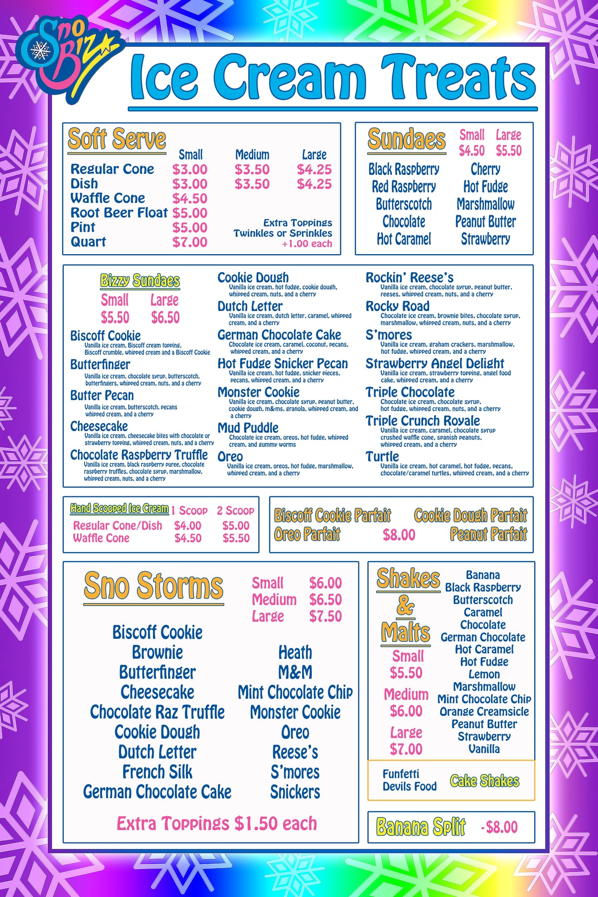 SnoBiz ice cream treats menu board listing soft serve, sundaes and Sno Storms