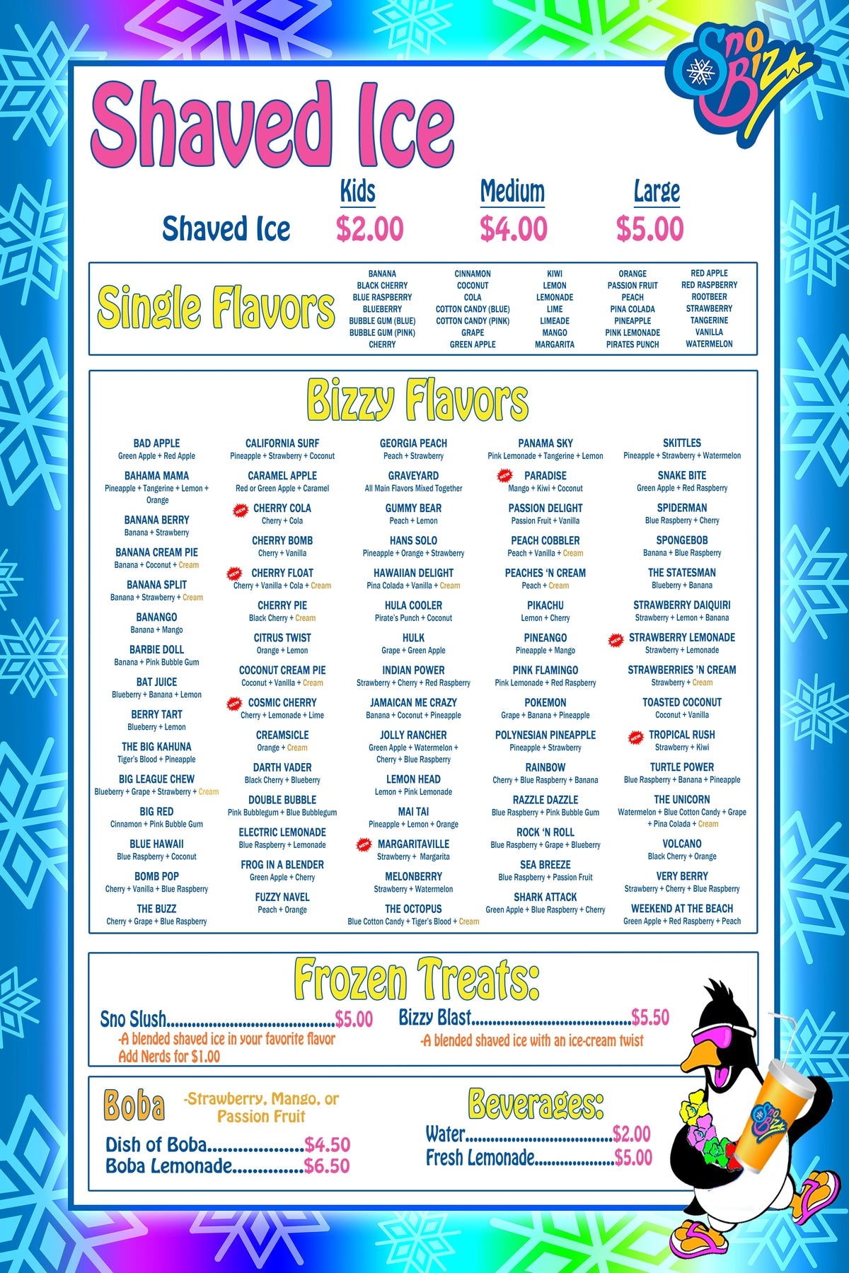 SnoBiz shaved ice menu board listing shade flavors, Sno Snow and cream treats