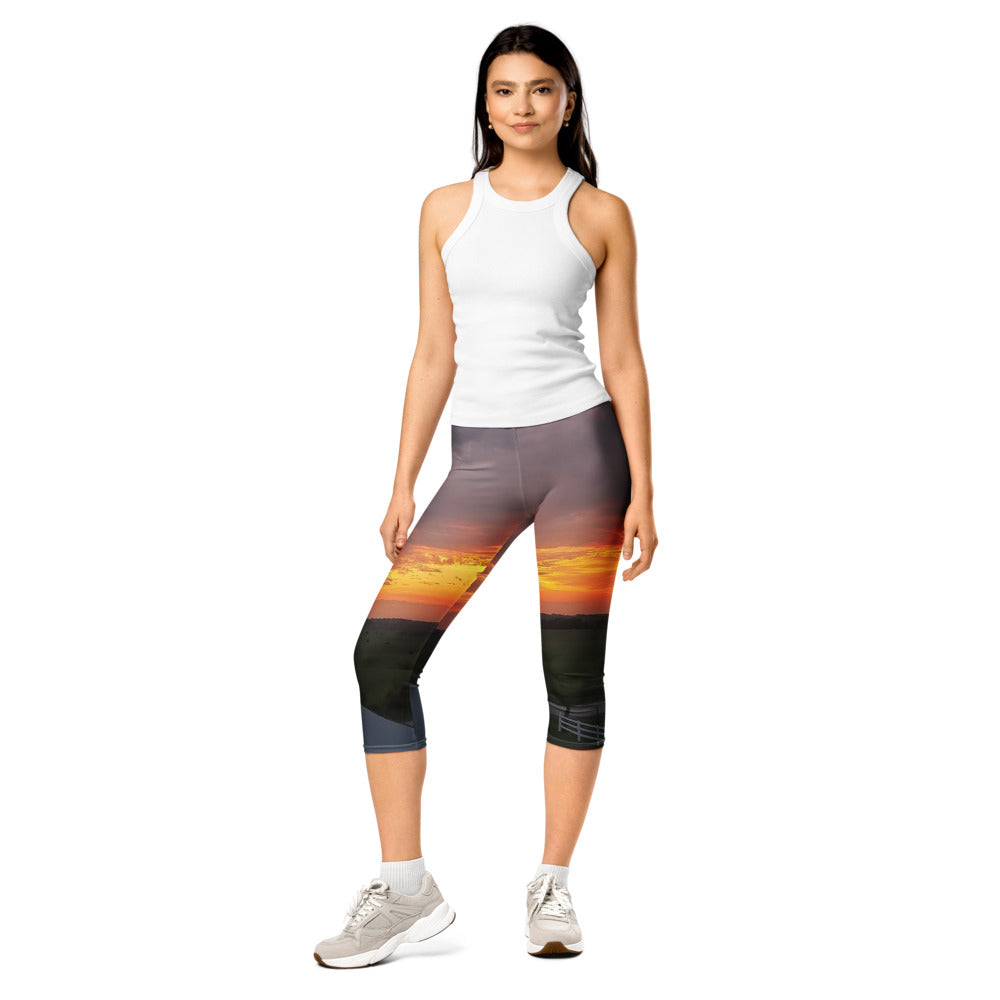 Photo Capri Leggings worn with an Iowa sunset photo printed on it