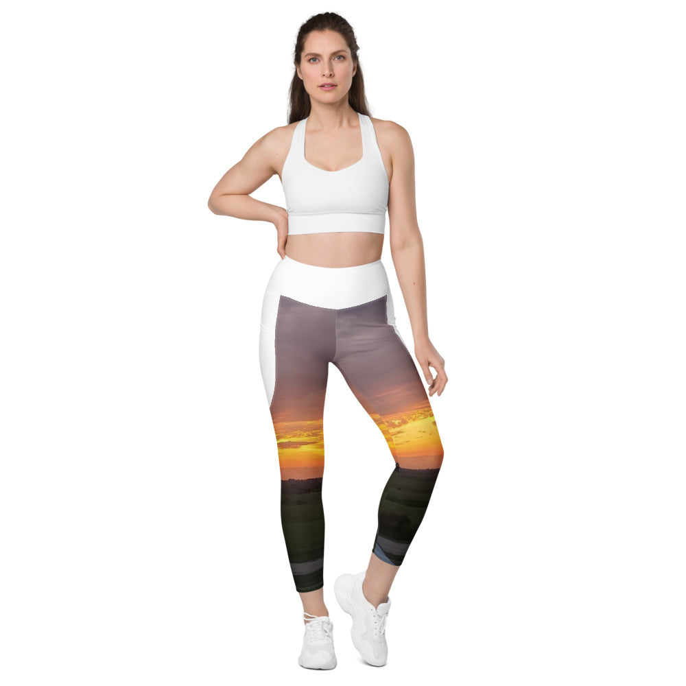 Photo Leggings with Pockets worn with an Iowa sunset photo printed on it
