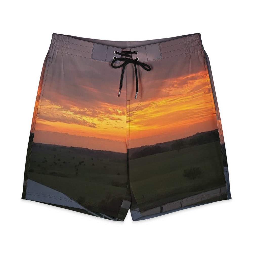 Photo Men's Board Shorts shown with an Iowa sunset photo printed on it
