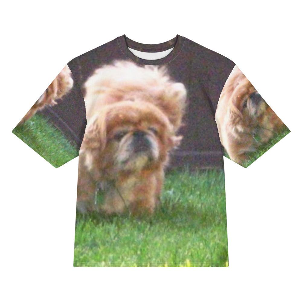 Oversized Cotton T-Shirt shown with a photo of a fluffy little dog printed on it