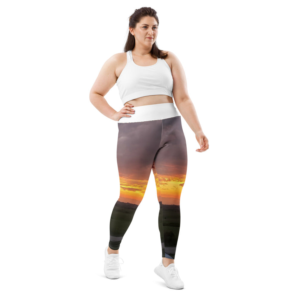 Photo Plus Size Leggings worn with an Iowa sunset photo printed on it