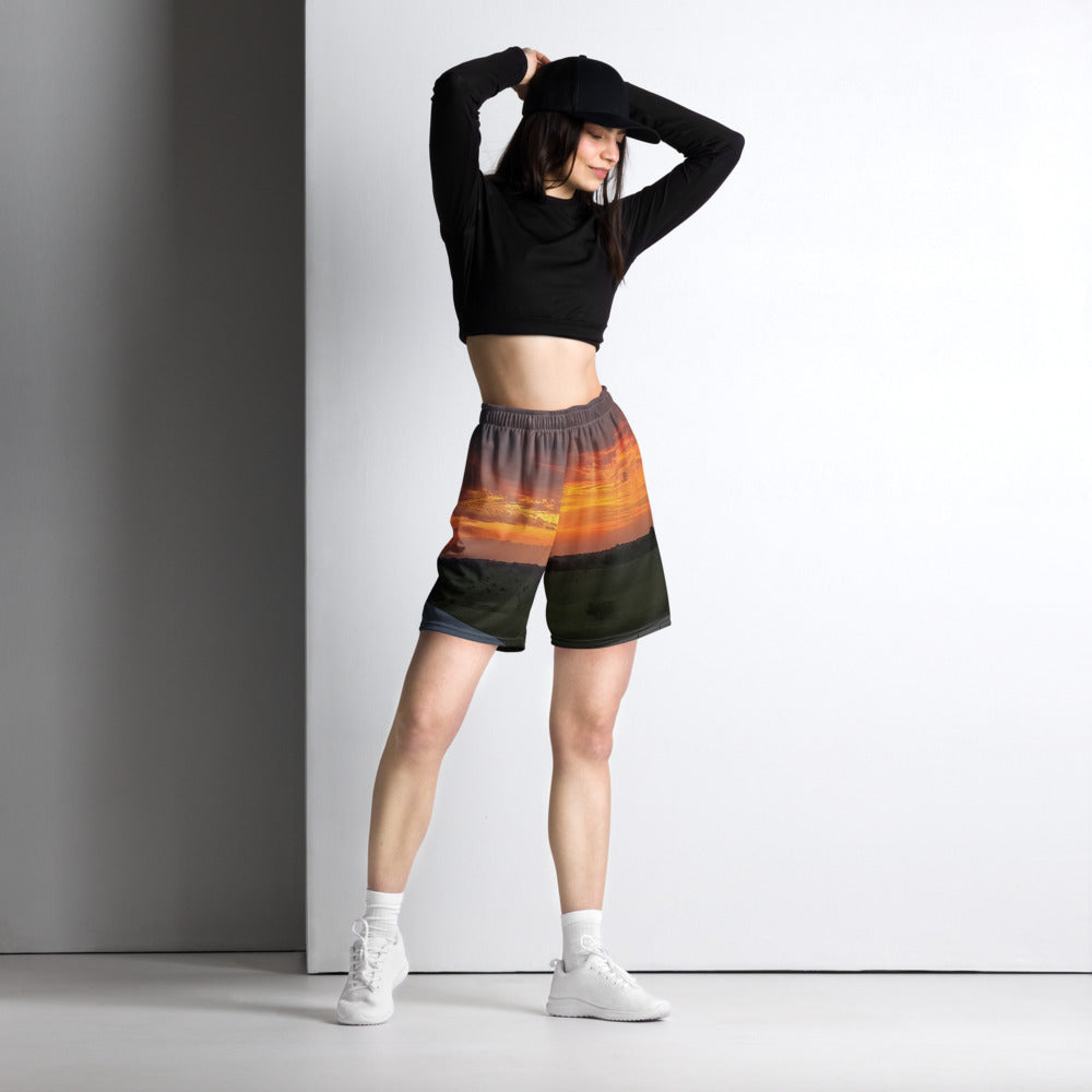 Photo Mesh Shorts worn with an Iowa sunset photo printed on it