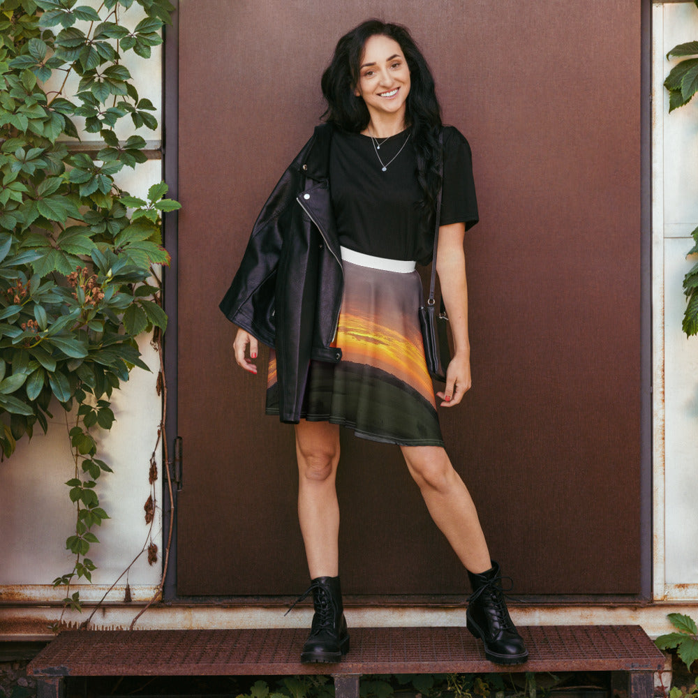 Photo Skater Skirt worn with an Iowa sunset photo printed on it