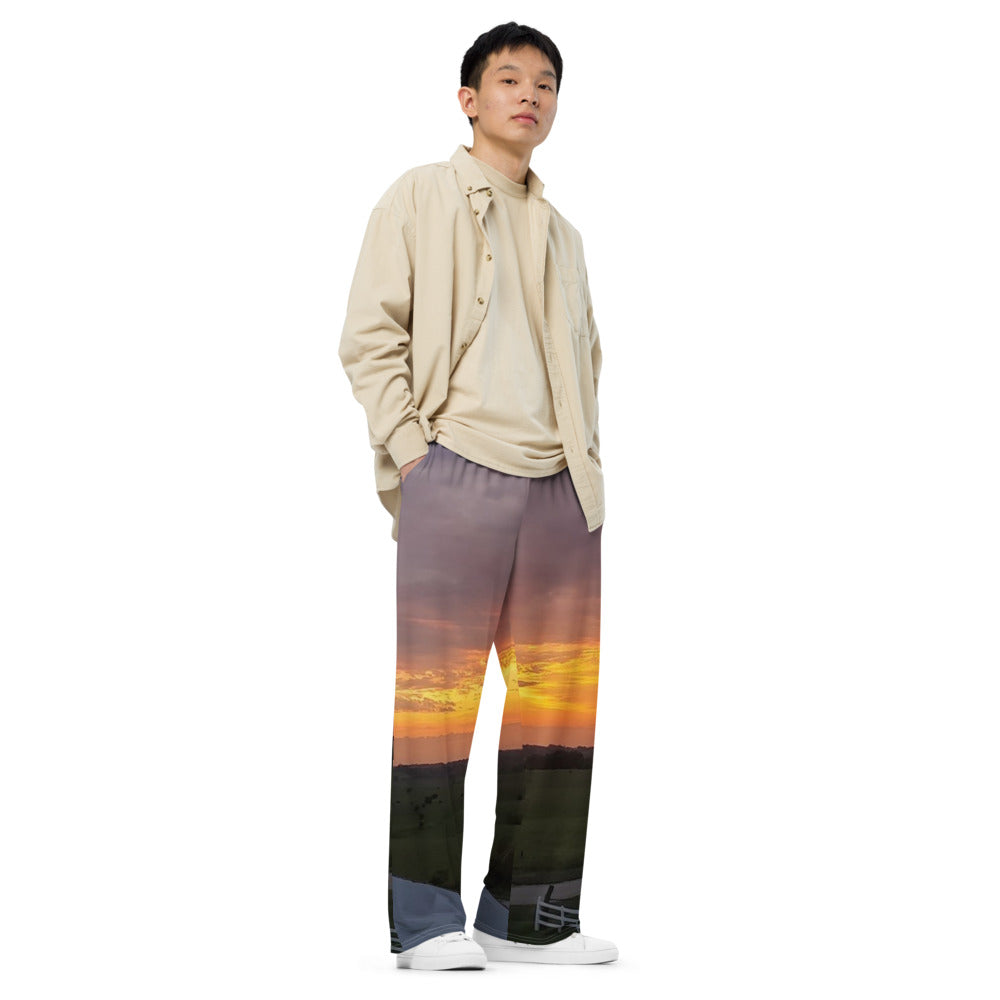 Photo Wide-Leg Pants worn with an Iowa sunset photo printed on it