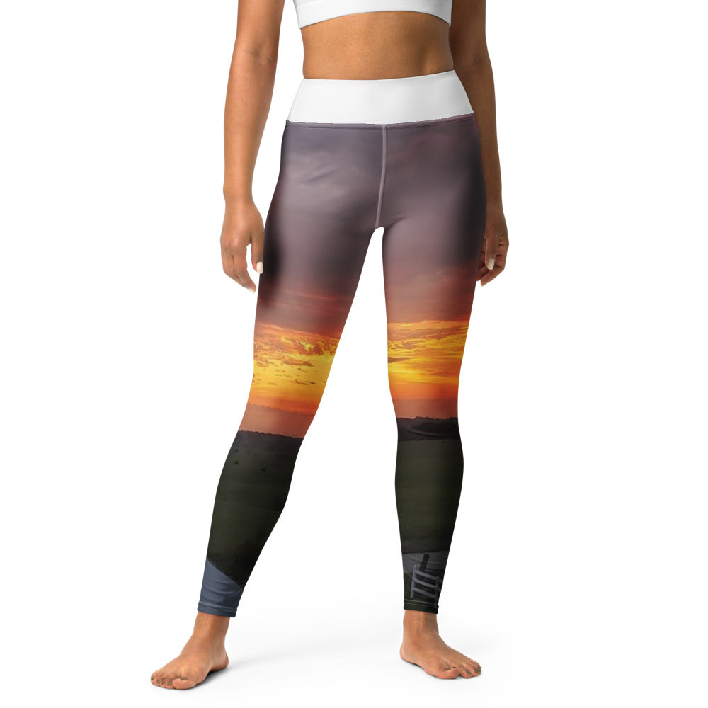 Photo Yoga Leggings worn with an Iowa sunset photo printed on it