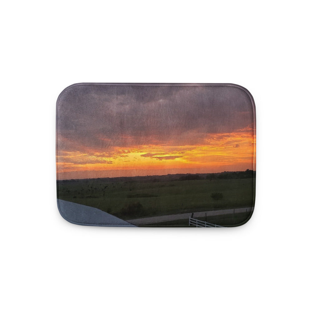 Bath Mat shown with an Iowa sunset photo printed on it