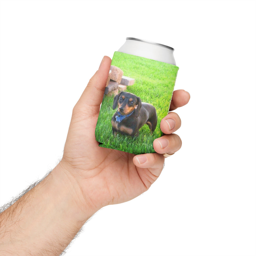 Can Cooler shown with a photo of a dachshund in the grass printed on it