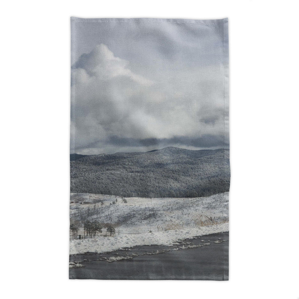 Cotton Tablecloth shown with a photo of snowy hills printed on it