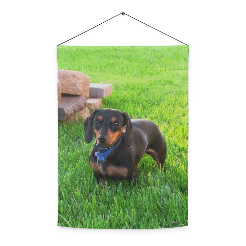 Photo Garden Flag shown with a dachshund photo printed on it
