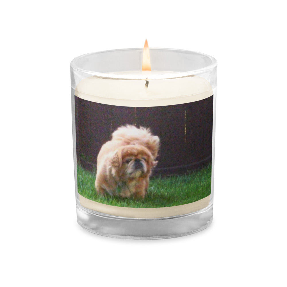 Soy Wax Candle shown with a photo of a fluffy little dog printed on it