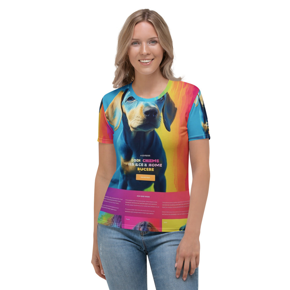 Front of a women's crew neck t-shirt printed all over with a customer photo