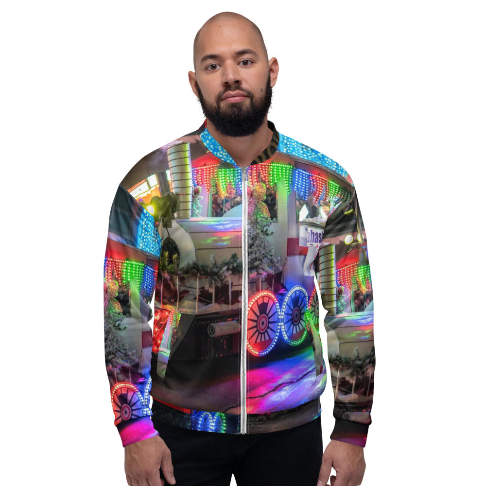 Front of a bomber jacket printed all over with a customer photo