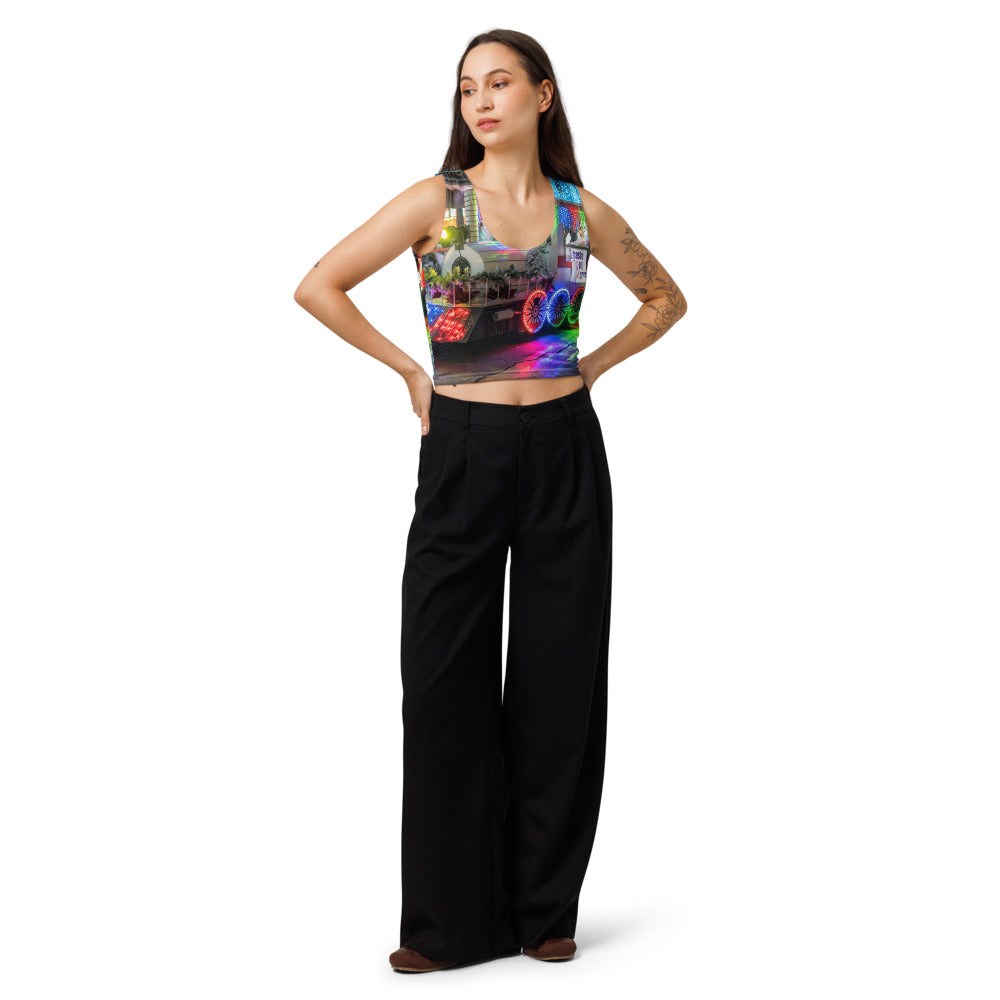 Front of a cotton crop top printed all over with a customer photo