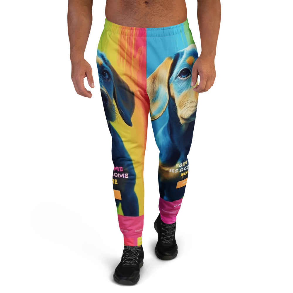 Front view of men's joggers printed all over with a customer photo