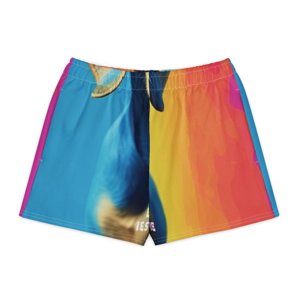 Front view of unisex cotton shorts printed all over with a customer photo