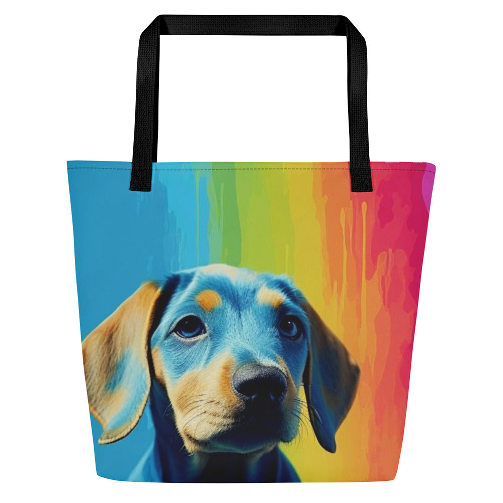 Large tote bag printed all over with a customer photo, black handles